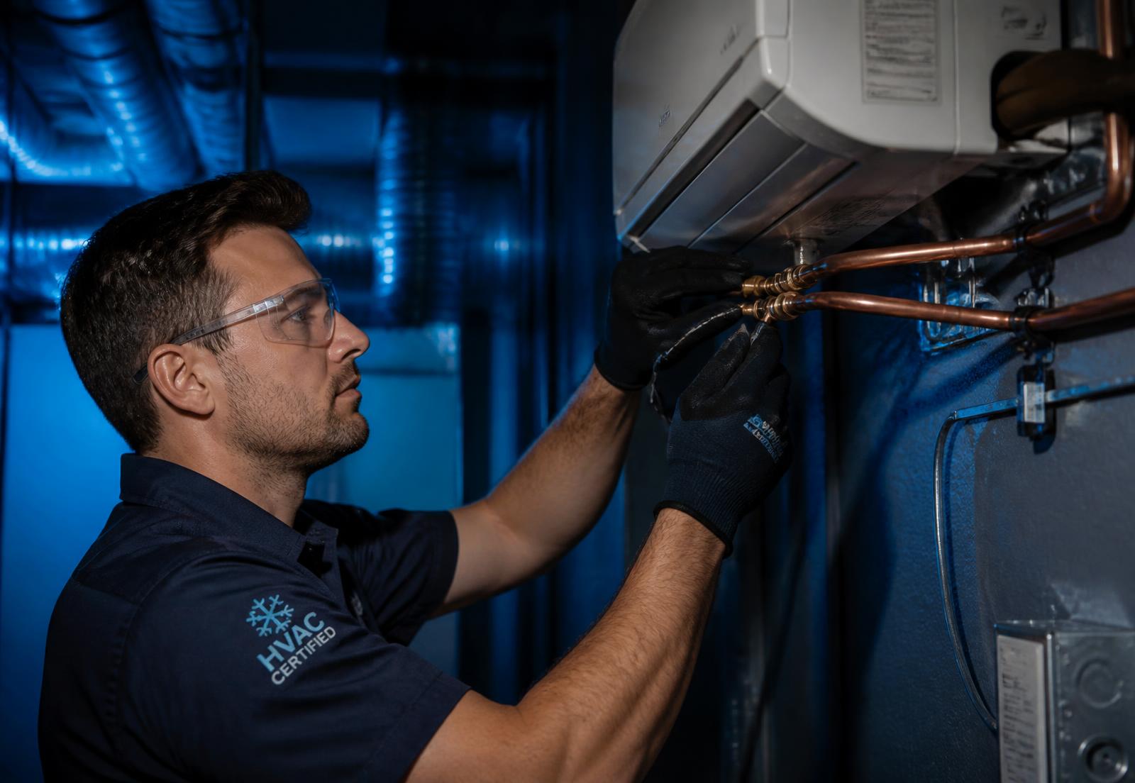 Técnico instalando líneas de cobre en un equipo de aire acondicionado